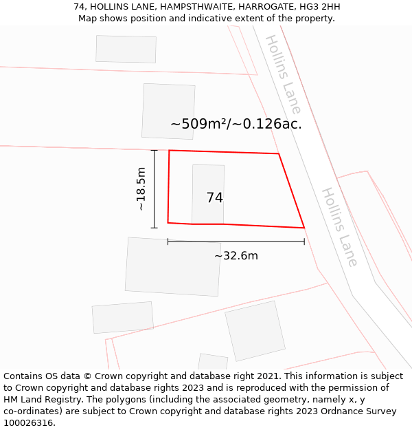 74, HOLLINS LANE, HAMPSTHWAITE, HARROGATE, HG3 2HH: Plot and title map