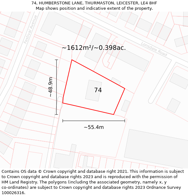 74, HUMBERSTONE LANE, THURMASTON, LEICESTER, LE4 8HF: Plot and title map