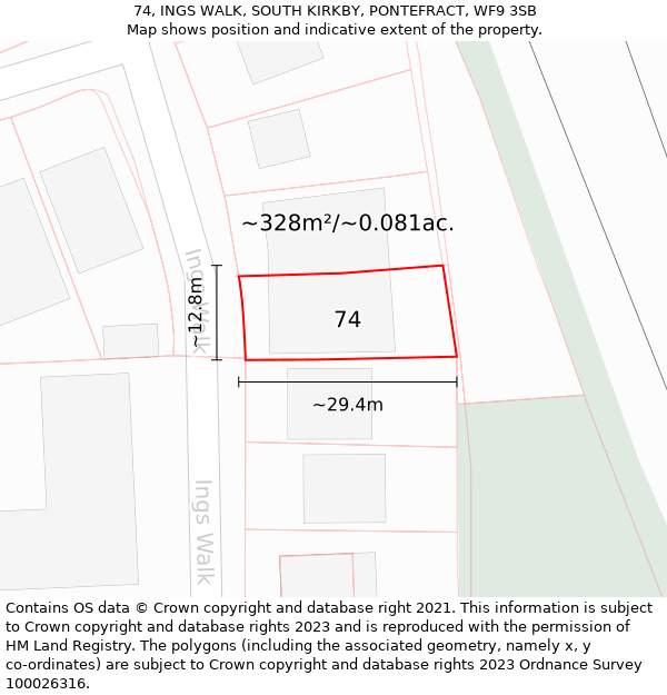 74, INGS WALK, SOUTH KIRKBY, PONTEFRACT, WF9 3SB: Plot and title map