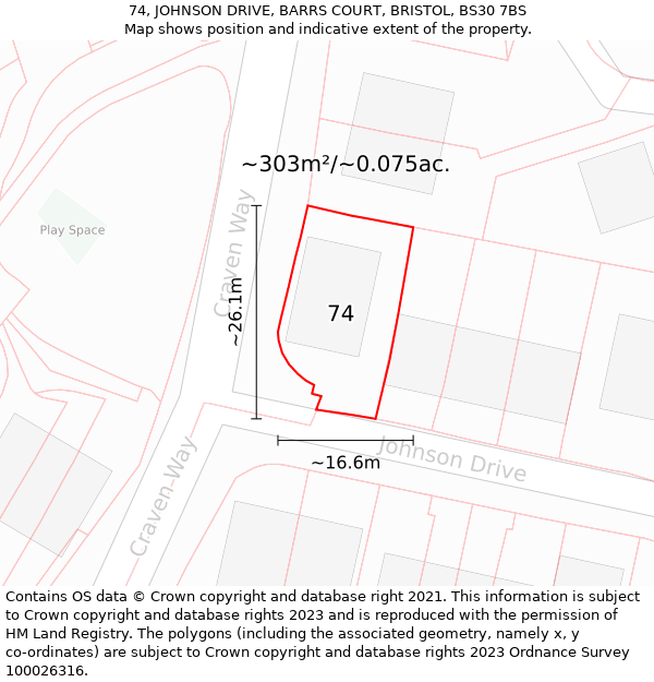 74, JOHNSON DRIVE, BARRS COURT, BRISTOL, BS30 7BS: Plot and title map