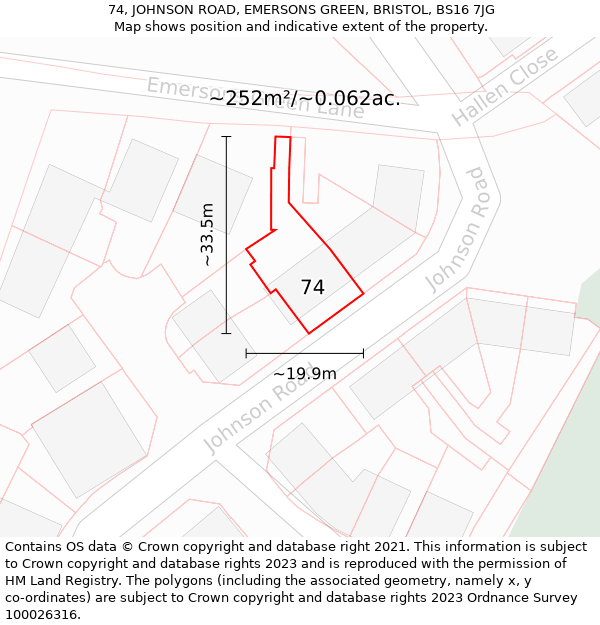 74, JOHNSON ROAD, EMERSONS GREEN, BRISTOL, BS16 7JG: Plot and title map