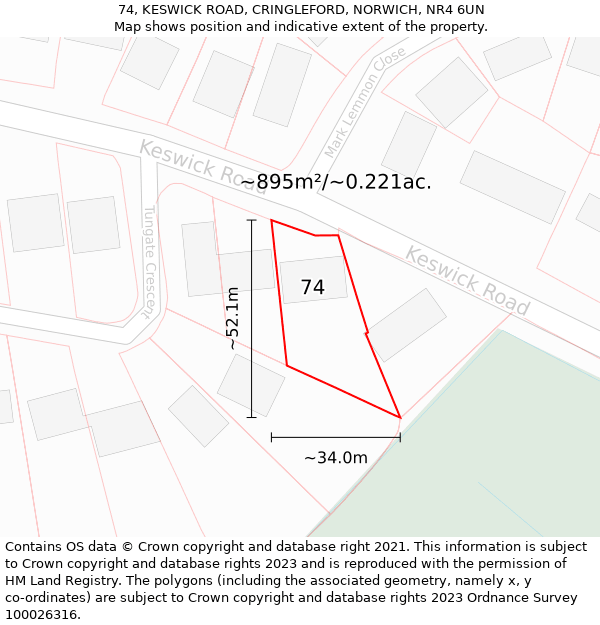 74, KESWICK ROAD, CRINGLEFORD, NORWICH, NR4 6UN: Plot and title map