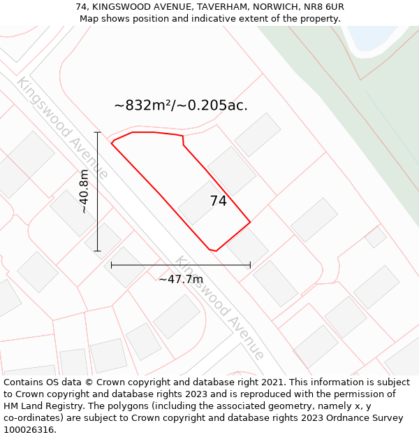 74, KINGSWOOD AVENUE, TAVERHAM, NORWICH, NR8 6UR: Plot and title map