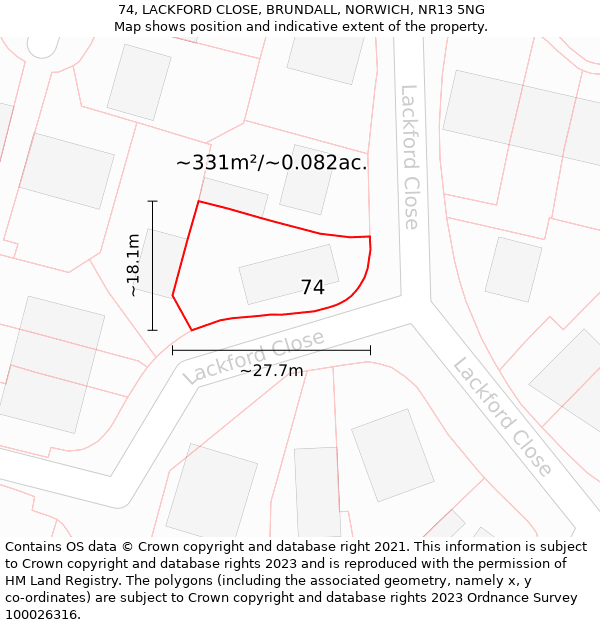 74, LACKFORD CLOSE, BRUNDALL, NORWICH, NR13 5NG: Plot and title map