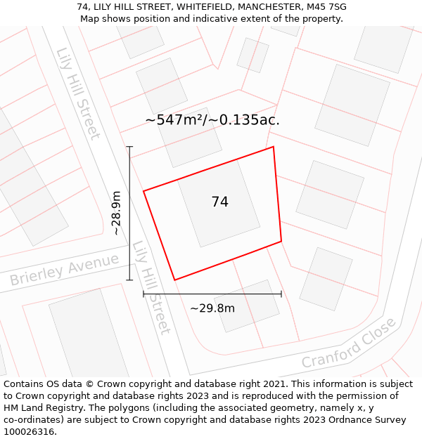 74, LILY HILL STREET, WHITEFIELD, MANCHESTER, M45 7SG: Plot and title map