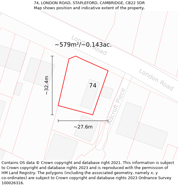 74, LONDON ROAD, STAPLEFORD, CAMBRIDGE, CB22 5DR: Plot and title map