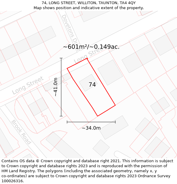 74, LONG STREET, WILLITON, TAUNTON, TA4 4QY: Plot and title map