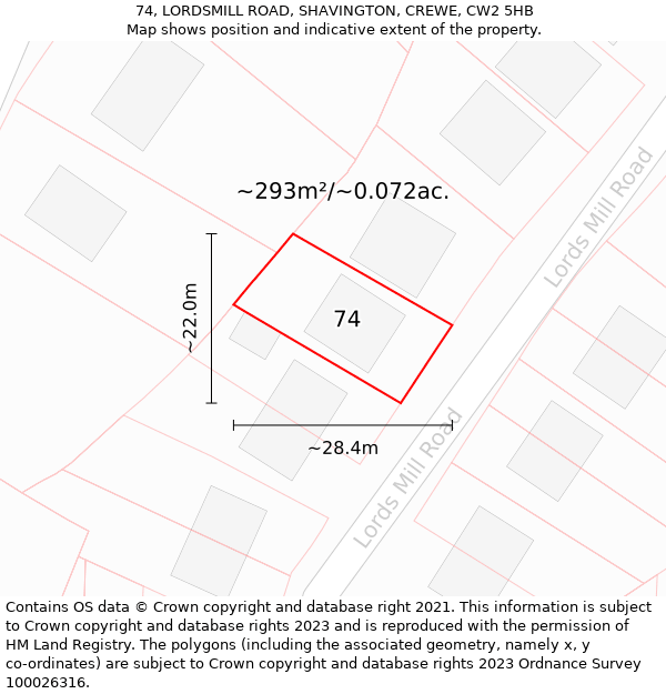 74, LORDSMILL ROAD, SHAVINGTON, CREWE, CW2 5HB: Plot and title map