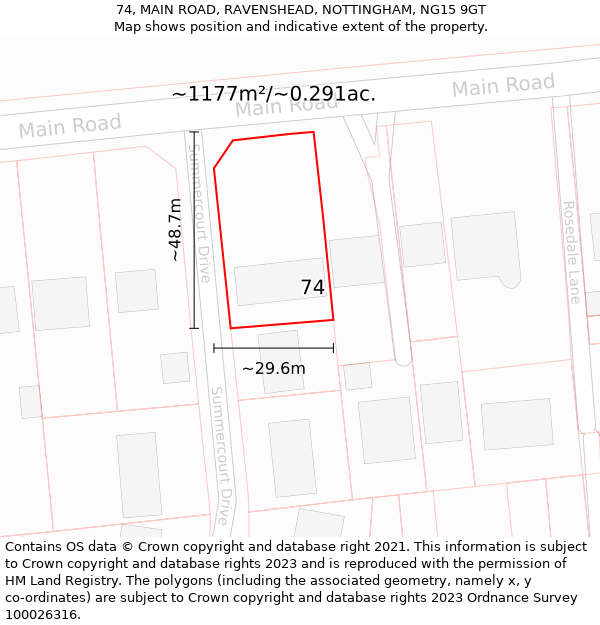 74, MAIN ROAD, RAVENSHEAD, NOTTINGHAM, NG15 9GT: Plot and title map