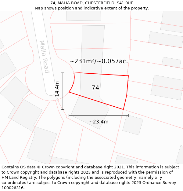 74, MALIA ROAD, CHESTERFIELD, S41 0UF: Plot and title map