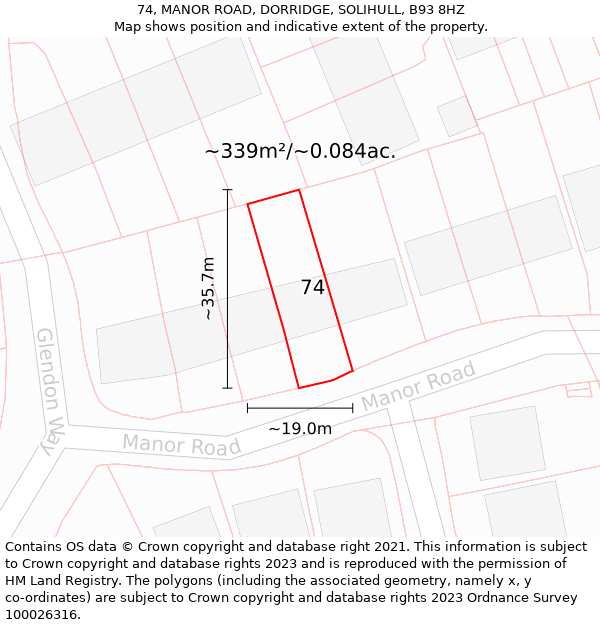 74, MANOR ROAD, DORRIDGE, SOLIHULL, B93 8HZ: Plot and title map