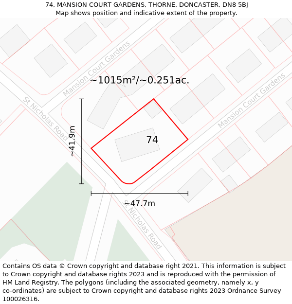 74, MANSION COURT GARDENS, THORNE, DONCASTER, DN8 5BJ: Plot and title map