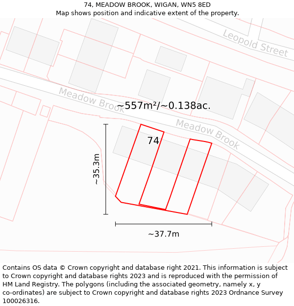 74, MEADOW BROOK, WIGAN, WN5 8ED: Plot and title map