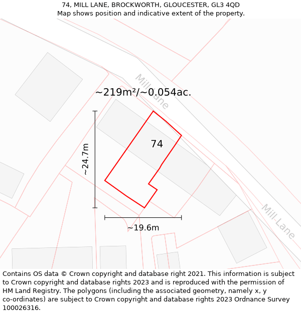 74, MILL LANE, BROCKWORTH, GLOUCESTER, GL3 4QD: Plot and title map