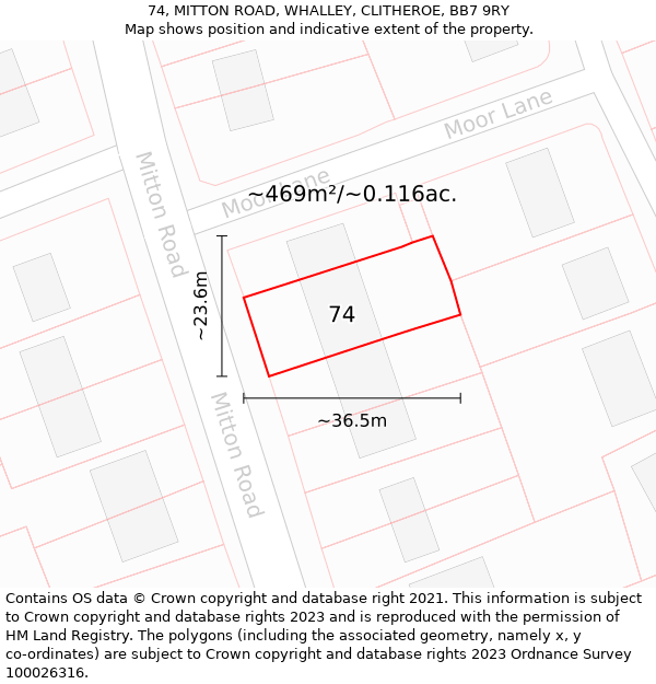 74, MITTON ROAD, WHALLEY, CLITHEROE, BB7 9RY: Plot and title map