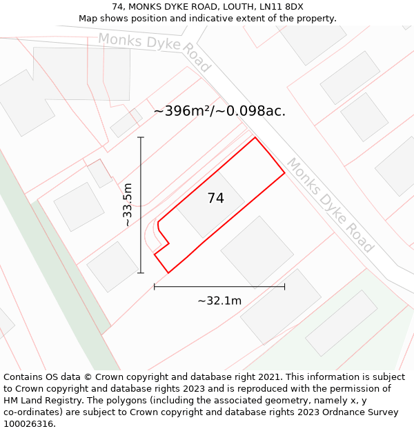 74, MONKS DYKE ROAD, LOUTH, LN11 8DX: Plot and title map