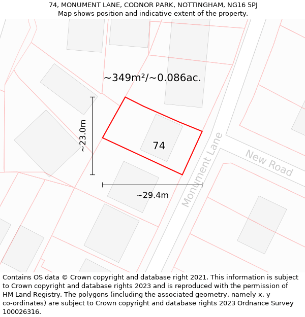 74, MONUMENT LANE, CODNOR PARK, NOTTINGHAM, NG16 5PJ: Plot and title map