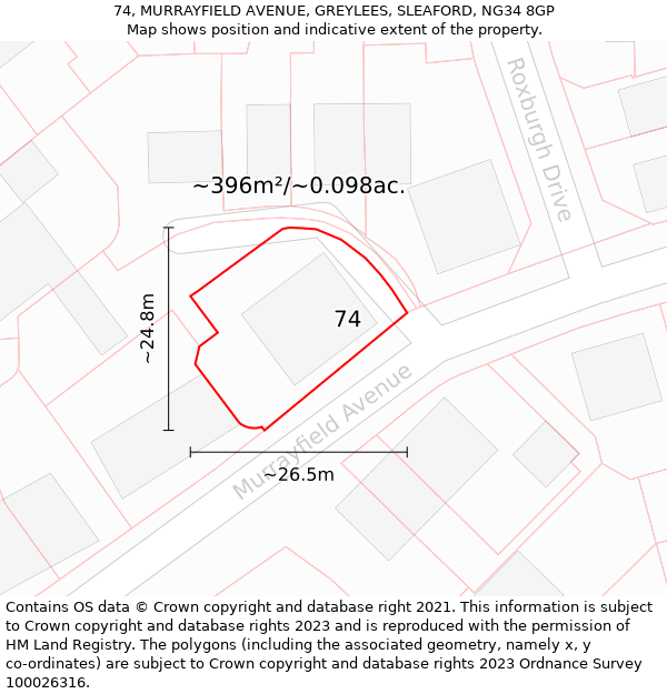 74, MURRAYFIELD AVENUE, GREYLEES, SLEAFORD, NG34 8GP: Plot and title map