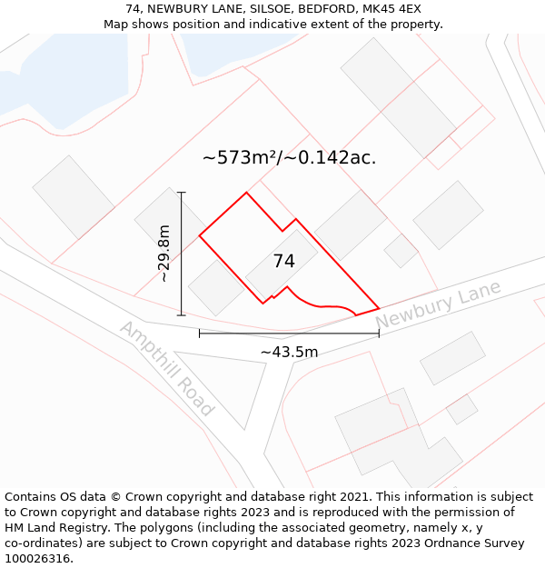 74, NEWBURY LANE, SILSOE, BEDFORD, MK45 4EX: Plot and title map