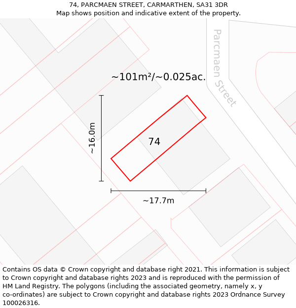 74, PARCMAEN STREET, CARMARTHEN, SA31 3DR: Plot and title map