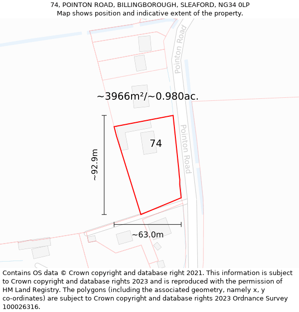 74, POINTON ROAD, BILLINGBOROUGH, SLEAFORD, NG34 0LP: Plot and title map