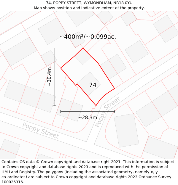 74, POPPY STREET, WYMONDHAM, NR18 0YU: Plot and title map