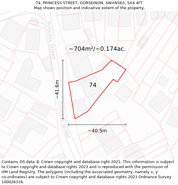 74, PRINCESS STREET, GORSEINON, SWANSEA, SA4 4FT: Plot and title map