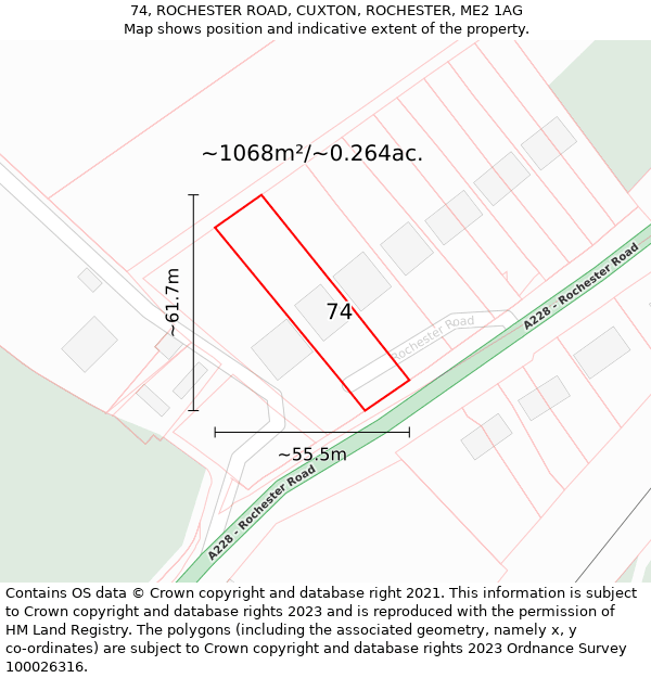 74, ROCHESTER ROAD, CUXTON, ROCHESTER, ME2 1AG: Plot and title map
