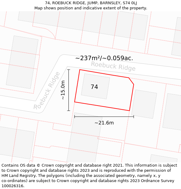 74, ROEBUCK RIDGE, JUMP, BARNSLEY, S74 0LJ: Plot and title map