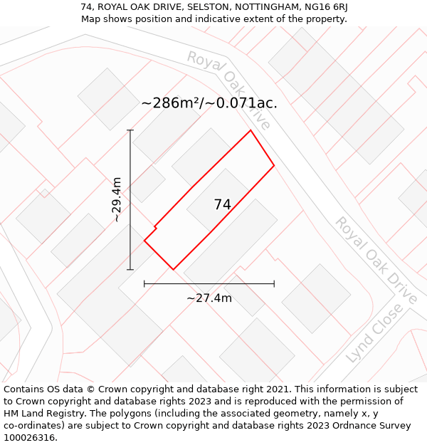 74, ROYAL OAK DRIVE, SELSTON, NOTTINGHAM, NG16 6RJ: Plot and title map