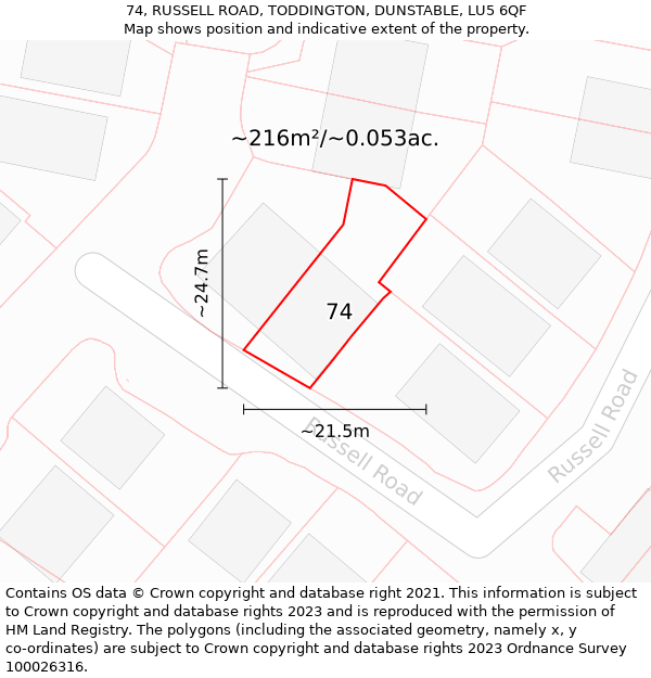 74, RUSSELL ROAD, TODDINGTON, DUNSTABLE, LU5 6QF: Plot and title map