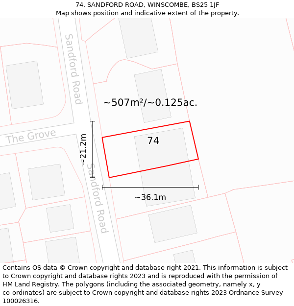 74, SANDFORD ROAD, WINSCOMBE, BS25 1JF: Plot and title map