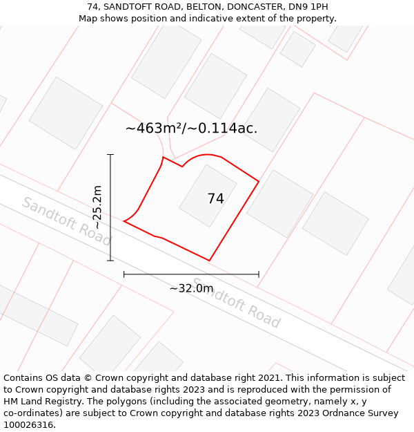 74, SANDTOFT ROAD, BELTON, DONCASTER, DN9 1PH: Plot and title map