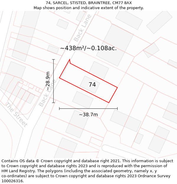 74, SARCEL, STISTED, BRAINTREE, CM77 8AX: Plot and title map