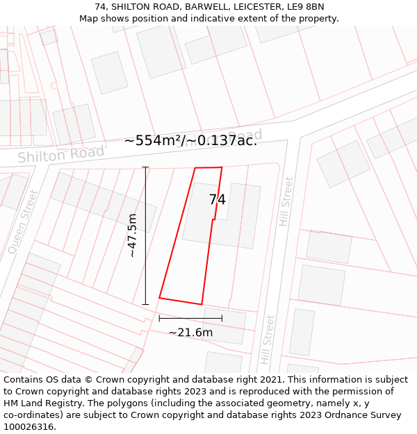 74, SHILTON ROAD, BARWELL, LEICESTER, LE9 8BN: Plot and title map