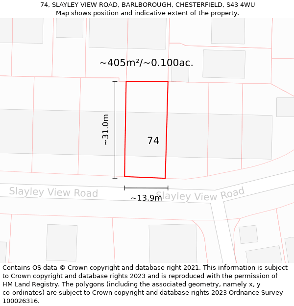 74, SLAYLEY VIEW ROAD, BARLBOROUGH, CHESTERFIELD, S43 4WU: Plot and title map