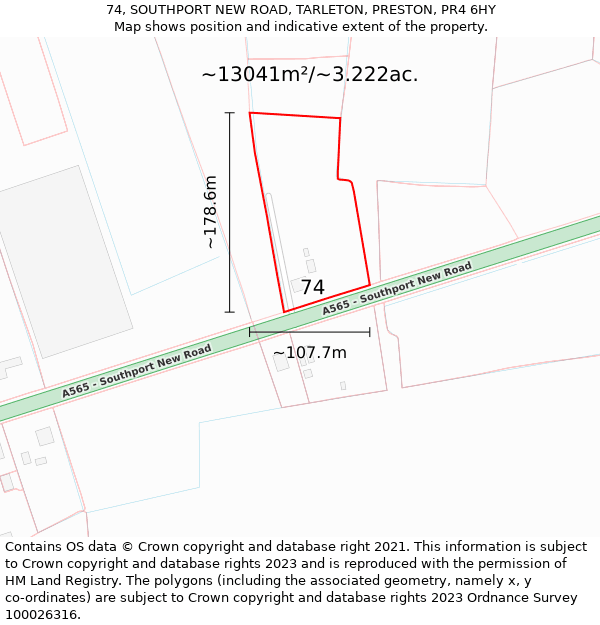 74, SOUTHPORT NEW ROAD, TARLETON, PRESTON, PR4 6HY: Plot and title map