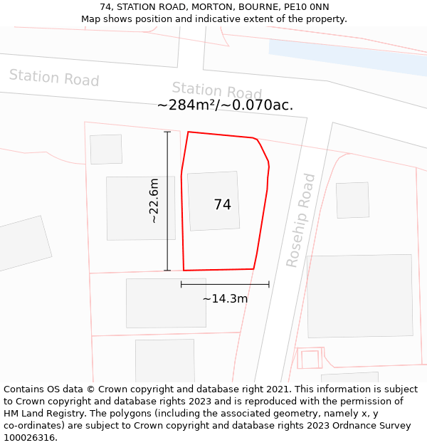 74, STATION ROAD, MORTON, BOURNE, PE10 0NN: Plot and title map