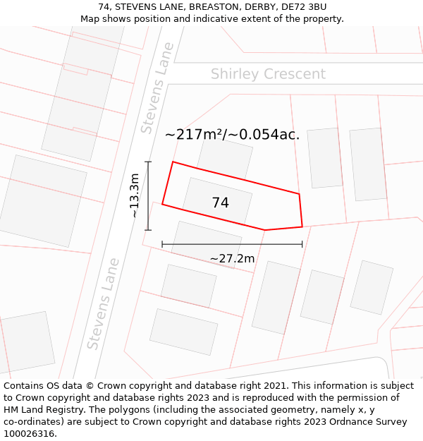 74, STEVENS LANE, BREASTON, DERBY, DE72 3BU: Plot and title map