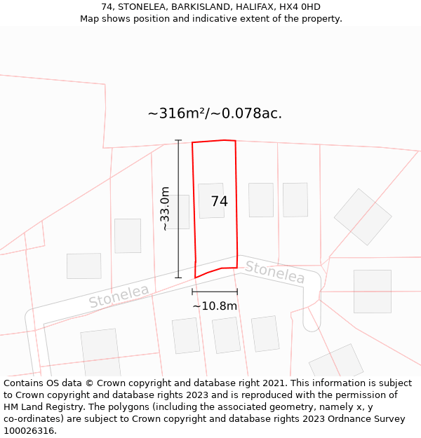 74, STONELEA, BARKISLAND, HALIFAX, HX4 0HD: Plot and title map