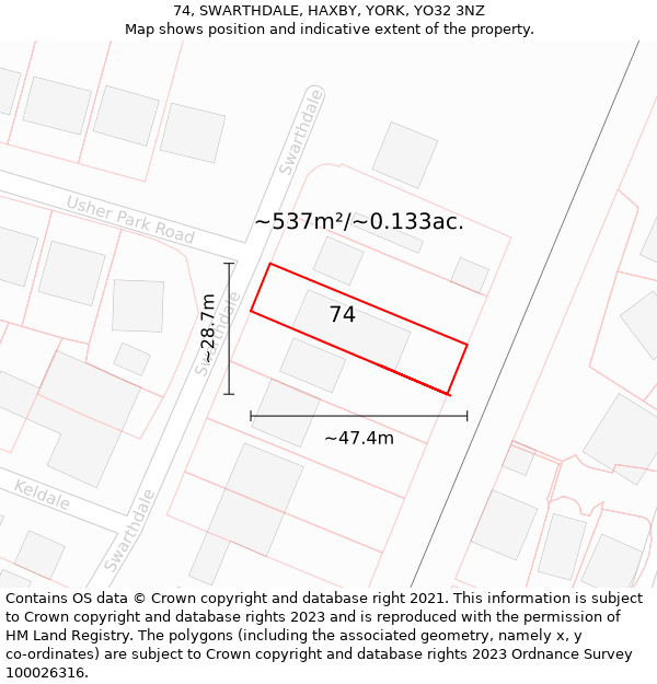 74, SWARTHDALE, HAXBY, YORK, YO32 3NZ: Plot and title map