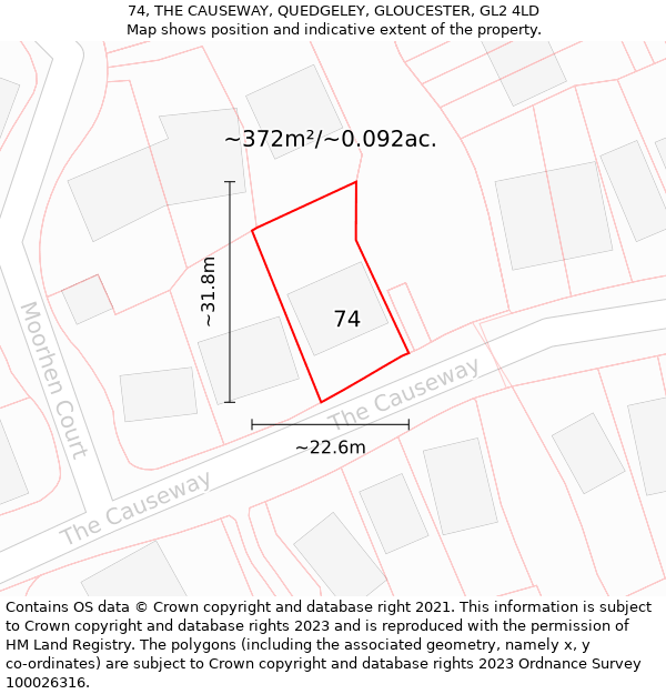 74, THE CAUSEWAY, QUEDGELEY, GLOUCESTER, GL2 4LD: Plot and title map