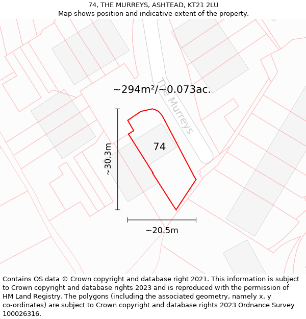 74, THE MURREYS, ASHTEAD, KT21 2LU: Plot and title map