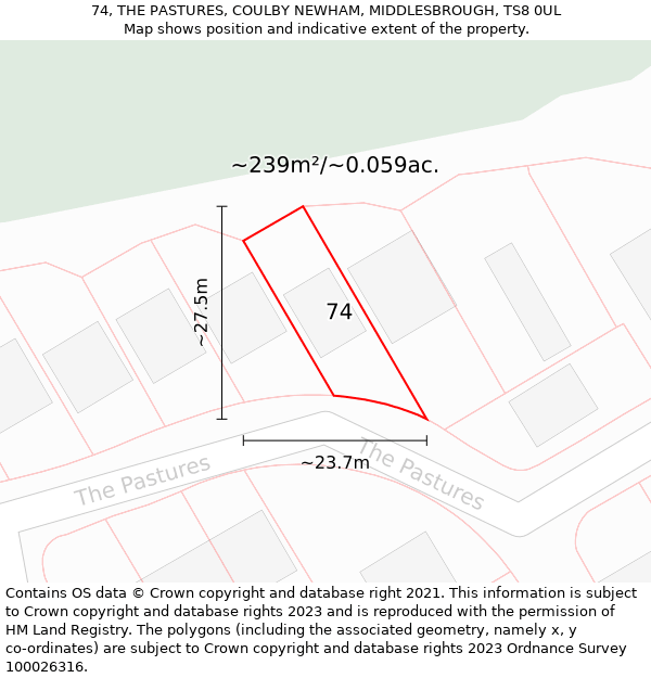 74, THE PASTURES, COULBY NEWHAM, MIDDLESBROUGH, TS8 0UL: Plot and title map