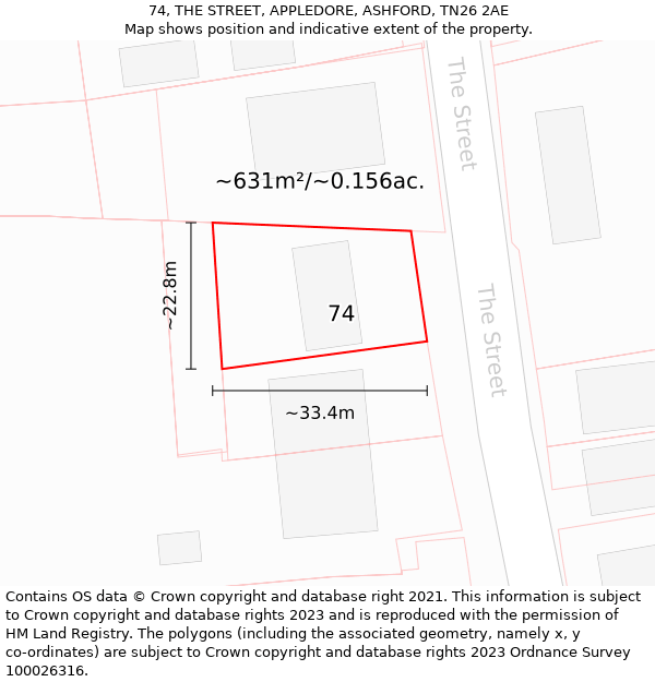 74, THE STREET, APPLEDORE, ASHFORD, TN26 2AE: Plot and title map