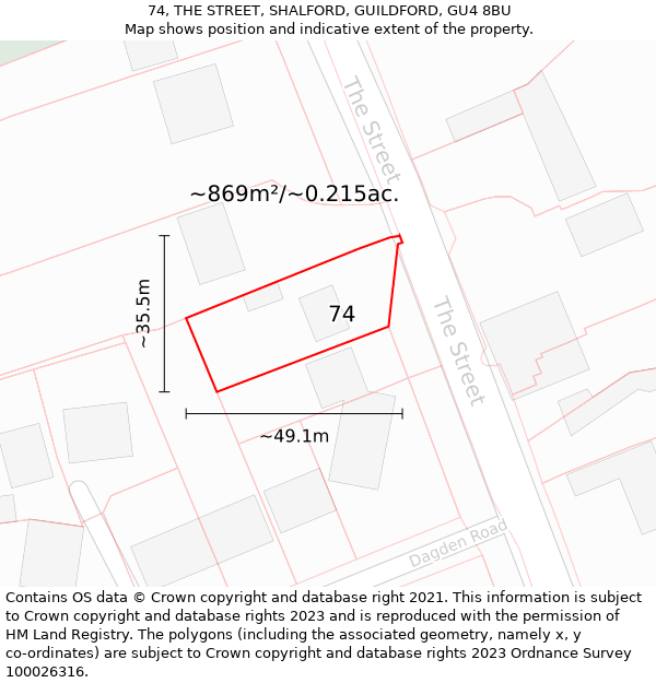 74, THE STREET, SHALFORD, GUILDFORD, GU4 8BU: Plot and title map