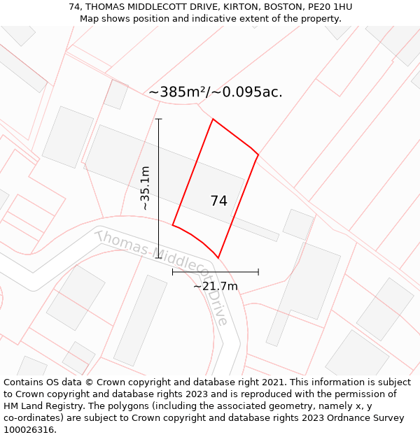 74, THOMAS MIDDLECOTT DRIVE, KIRTON, BOSTON, PE20 1HU: Plot and title map