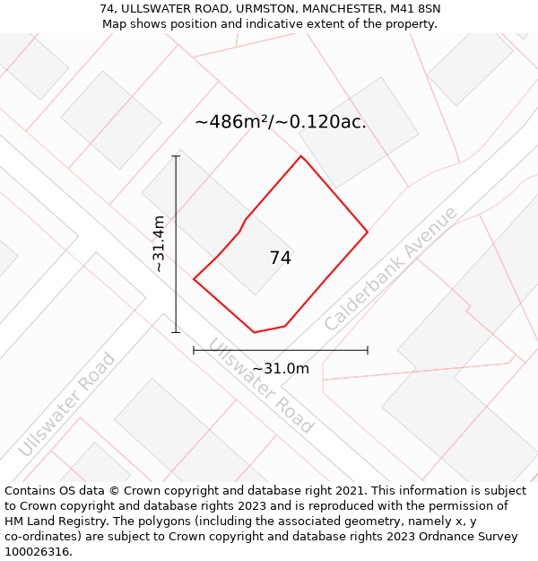 74, ULLSWATER ROAD, URMSTON, MANCHESTER, M41 8SN: Plot and title map