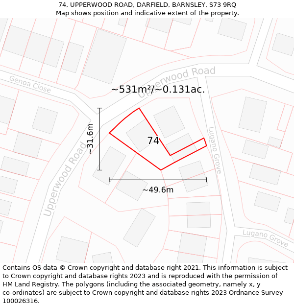 74, UPPERWOOD ROAD, DARFIELD, BARNSLEY, S73 9RQ: Plot and title map