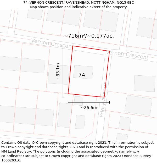 74, VERNON CRESCENT, RAVENSHEAD, NOTTINGHAM, NG15 9BQ: Plot and title map